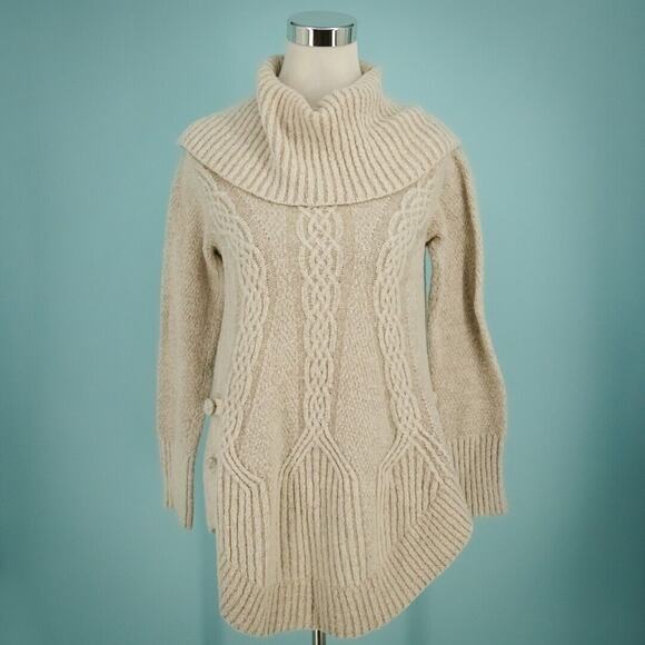 Angel of the North Anthro Size Small S Ivory Cabled Boucle Cowl Wool Sweater - Picture 1 of 8